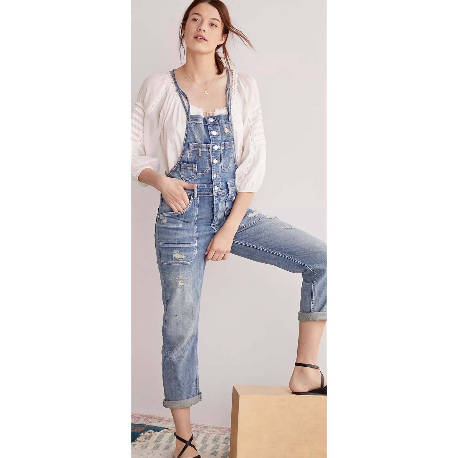 Pilcro Anthropologie Distressed Bandana Print Denim Overalls Medium Wash 32